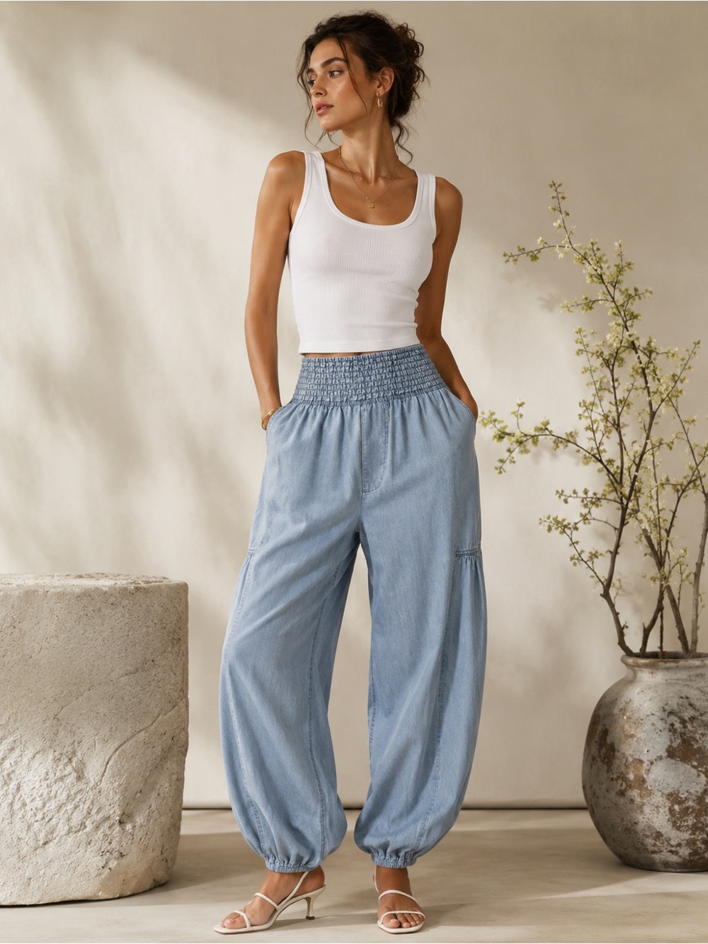 Pilcro Smocked Waist Balloon Jeans Light Wash Blue Pull On Wide Leg XXS